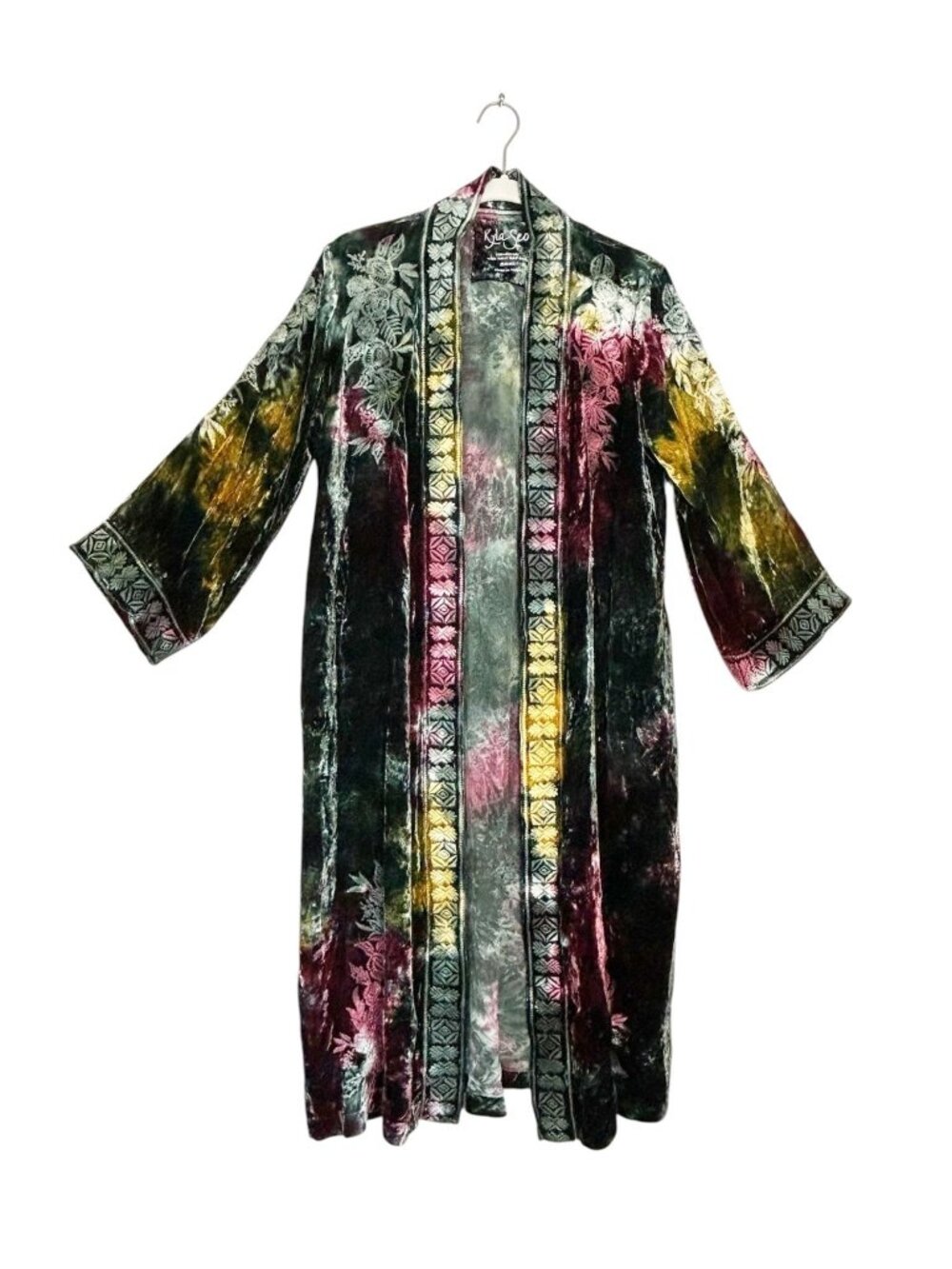Kyla Seo Embroidered Velvet Zia Kimono Jacket in Redwood Tie-Dye - Sz S - New